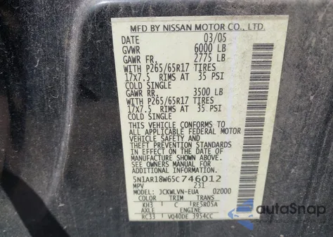 2005 Nissan Pathfinder Le z USA, uszkodzony, nr VIN 5N1AR18W65C746012